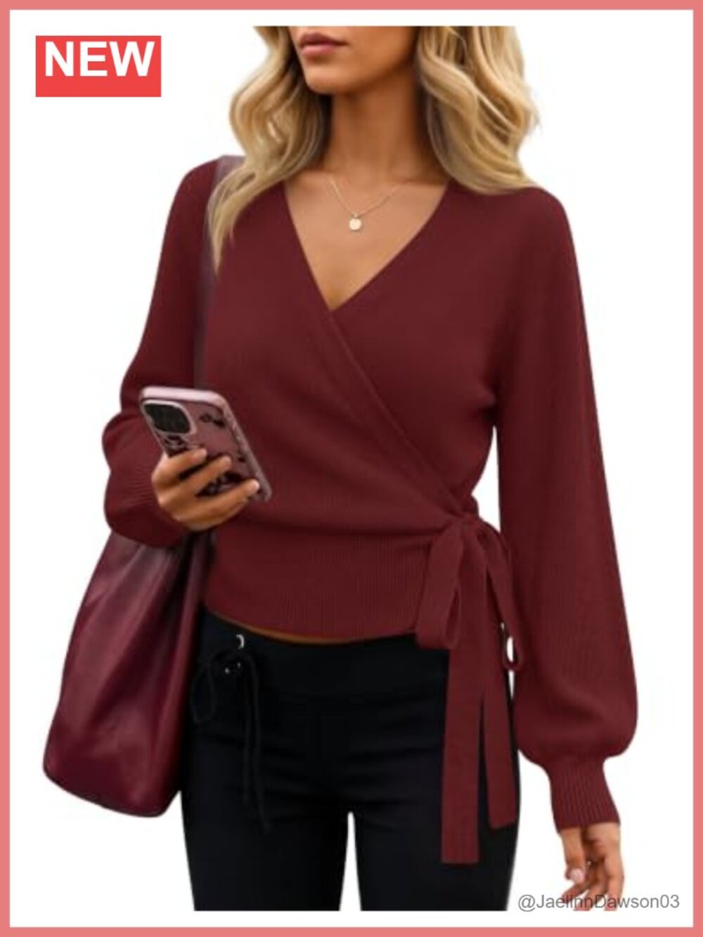 Women's V Neck Wrap Belted Cropped Sweater Long Sleeve